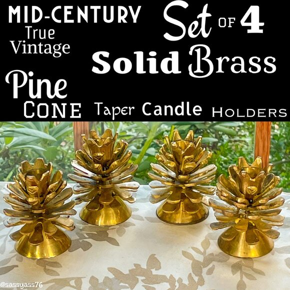 🆕VTG▪️Mid-Century Set of 4 Heavy Brass Pine Cone Taper Candle Holders - Picture 1 of 10